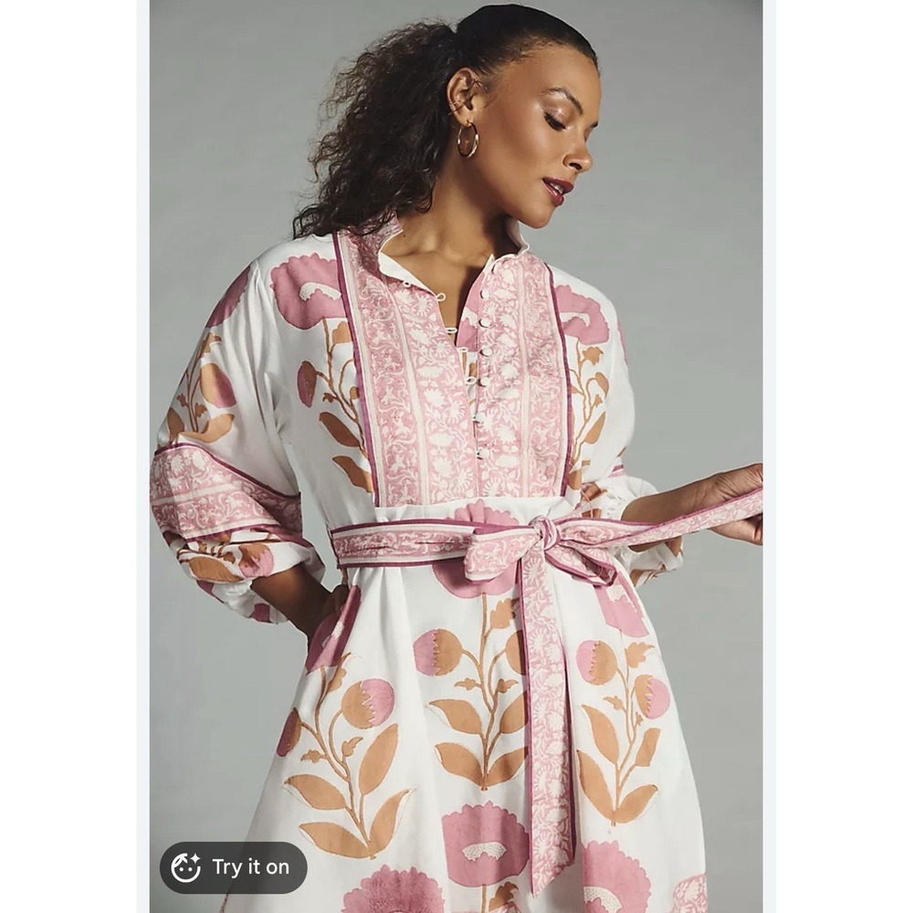 Sue Sartor Long-Sleeve Flounce Dress Pink Boho Floral Belt Antropologie Size S